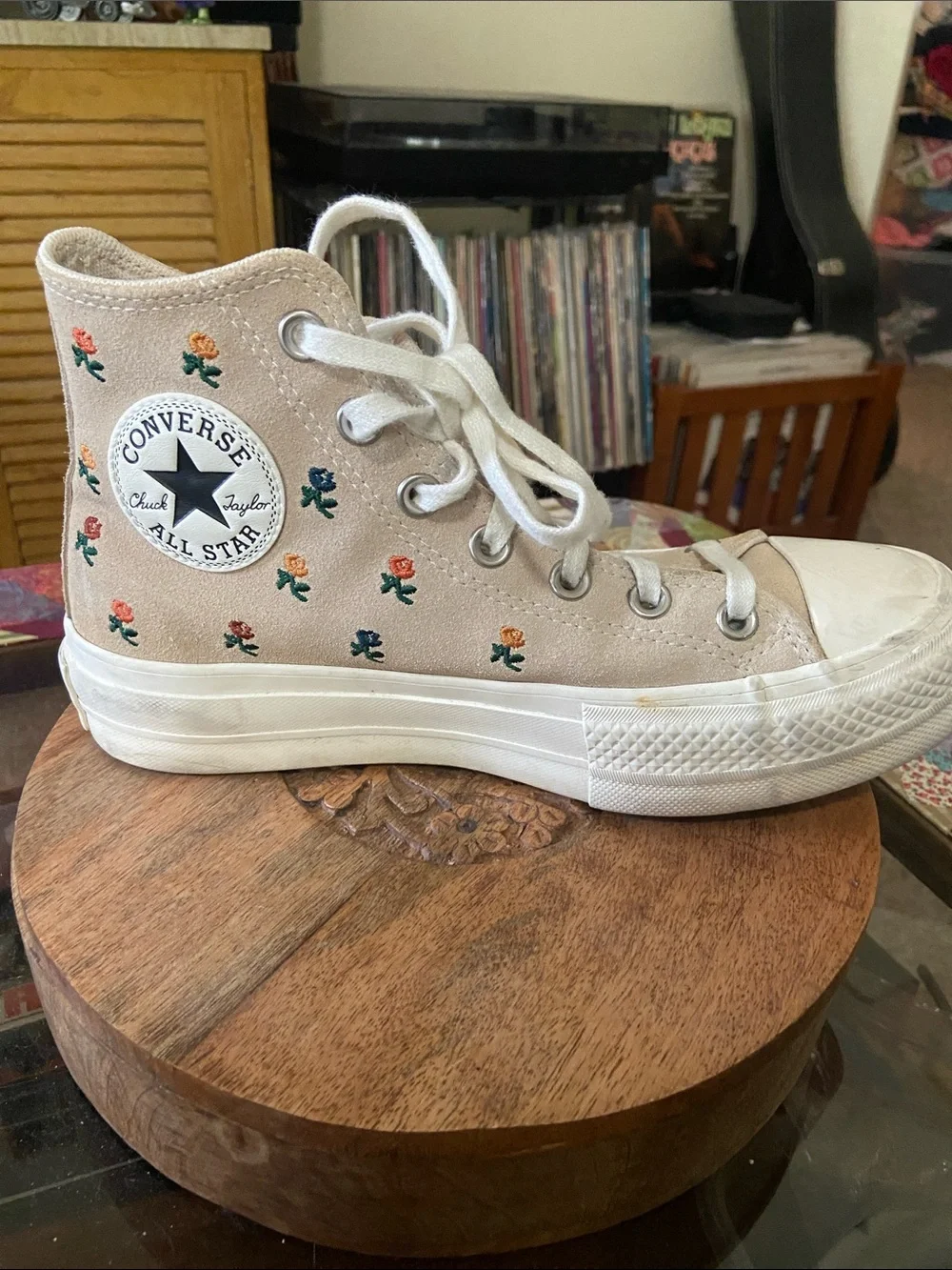 Converse Beige/Pink Floral High-Top Platform Sneakers